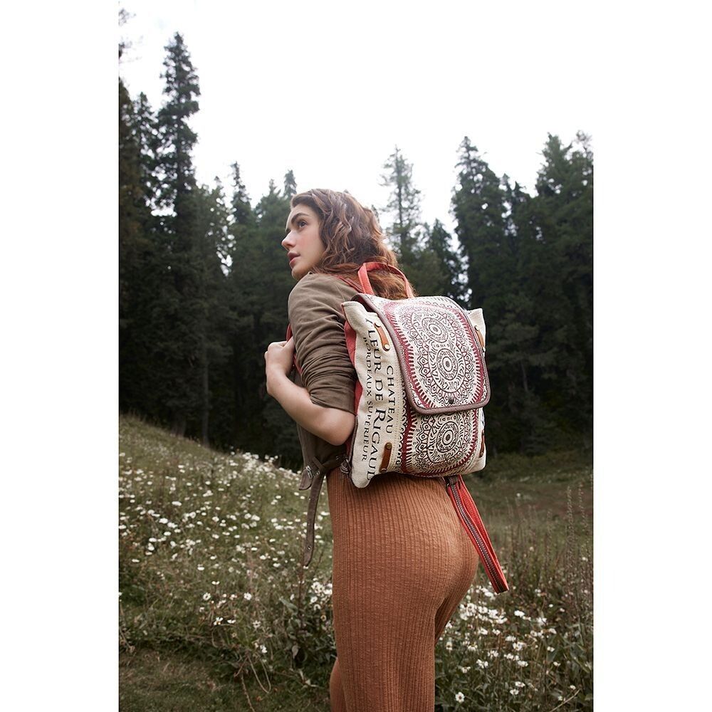 Myra Bag Handmade Fleur Backpack Upcycled Canvas & Cowhide Leather
